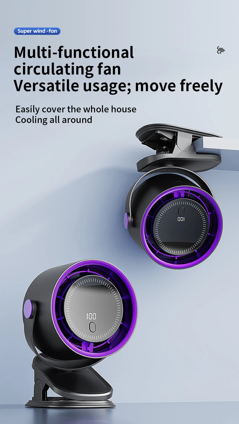 Multi-functional circulating fan with purple accents on a light blue background