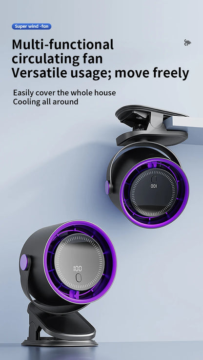 Multi-functional circulating fan with purple accents on a light blue background