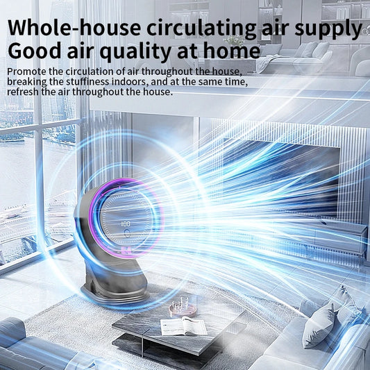 Air circulation system in a modern living room with text about good air quality.
