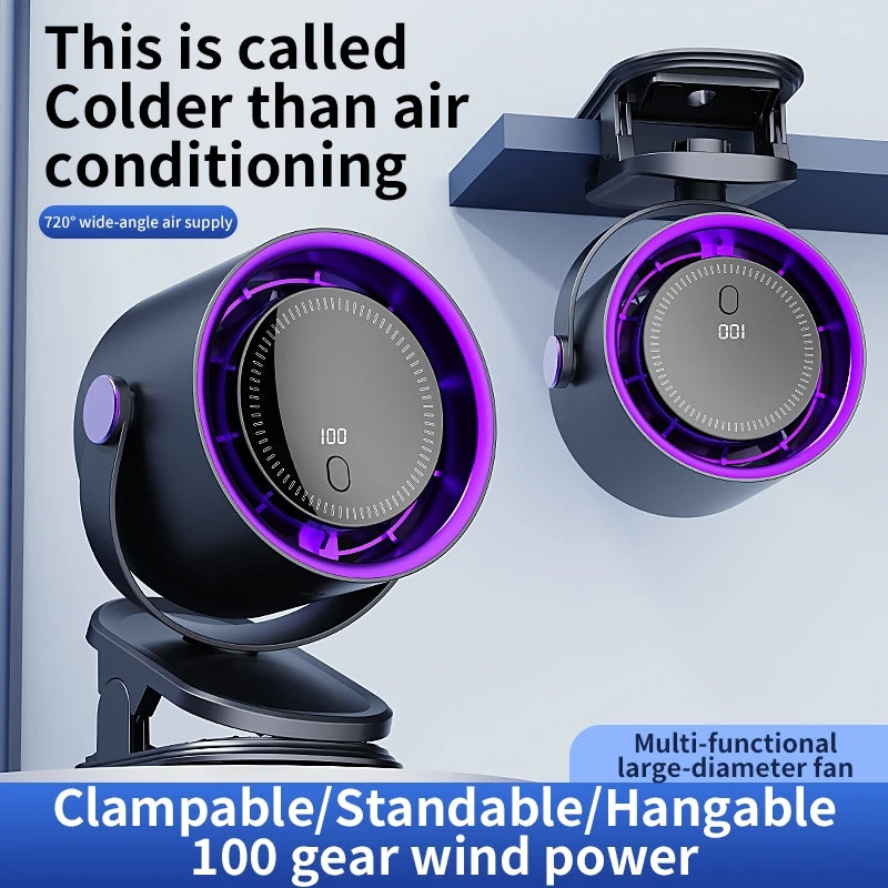 Multi-functional large-diameter fan with purple accents on a light blue background