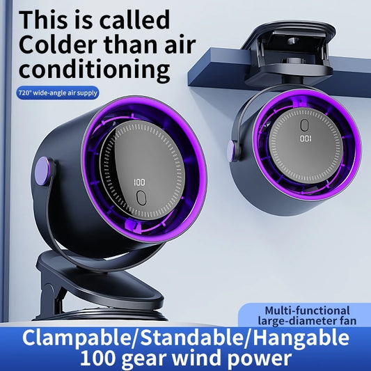 Multi-functional large-diameter fan with purple accents on a light blue background