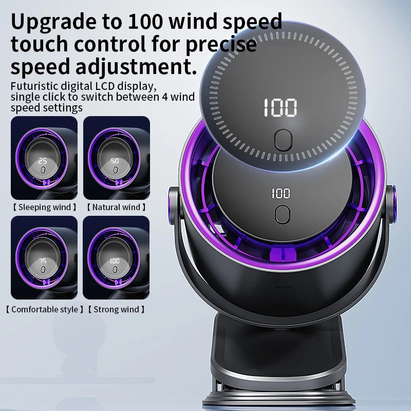Black and purple fan with digital display and speed control buttons on a light blue background.