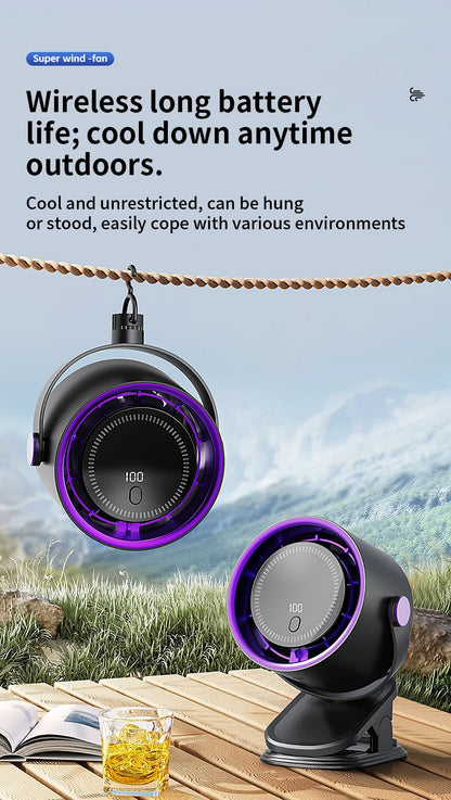 Portable fan with wireless long battery life, shown outdoors on a wooden surface.