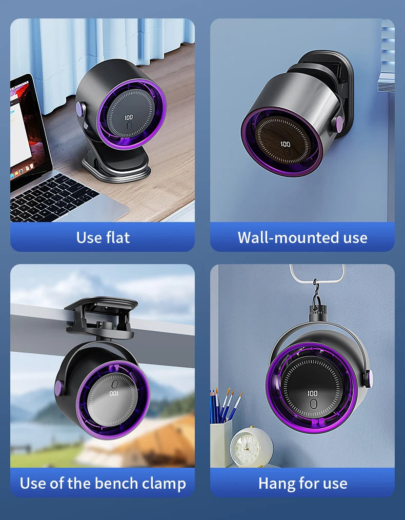 Multifunctional device shown in various uses including flat, wall-mounted, bench clamp, and hanging.
