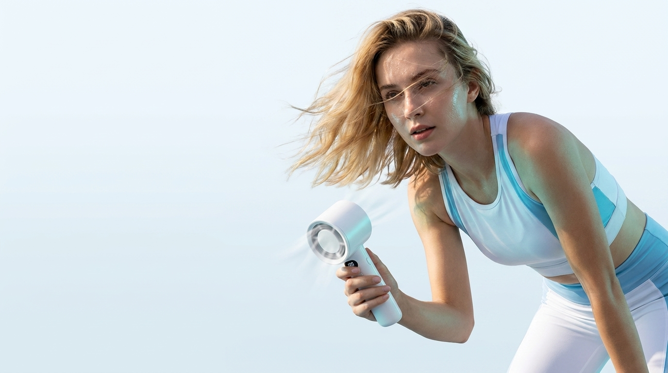 A woman in a white and light blue athletic tank top and leggings holds a white handheld fan against a pale blue background.